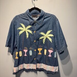 New Directions Denim Blouse Button Up Embroidered Pall Trees Margarita Resort XL
